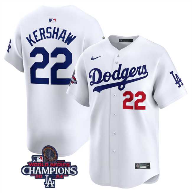 Mens Los Angeles Dodgers #22 Clayton Kershaw White 2024 World Series Champions Home Limited Stitched Baseball Jersey